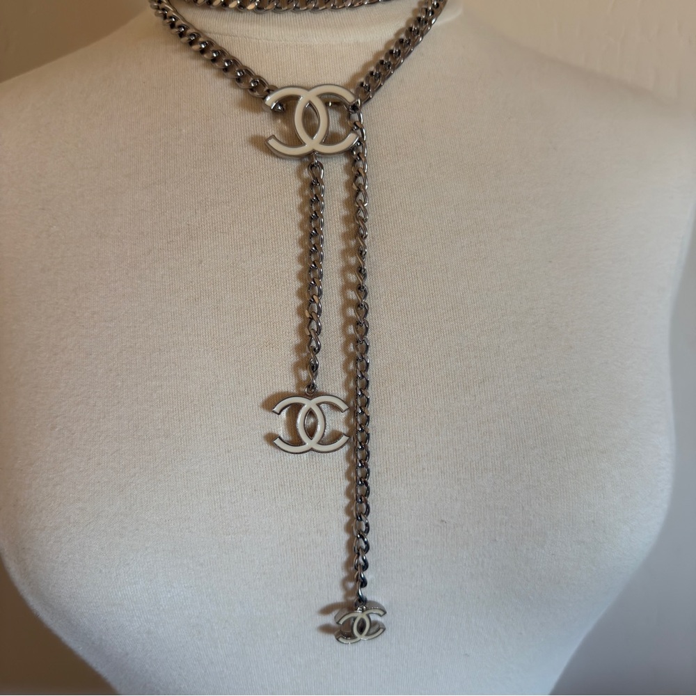 ❤️ Authentic Chanel Resin Lacquer White & Silver Chain Belt OR NECKLACE! CC Logo - Picture 6 of 10